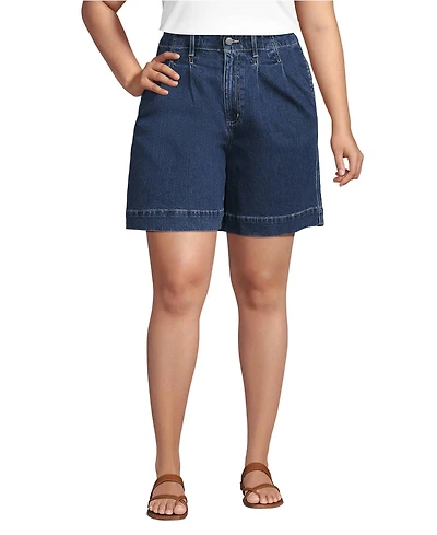 Lands' End Women's Soft Denim High Rise 7" Pleated Trouser Shorts