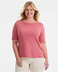 Lands' End Plus Supima Cotton Elbow Sleeve Boatneck Button Shoulder Tee