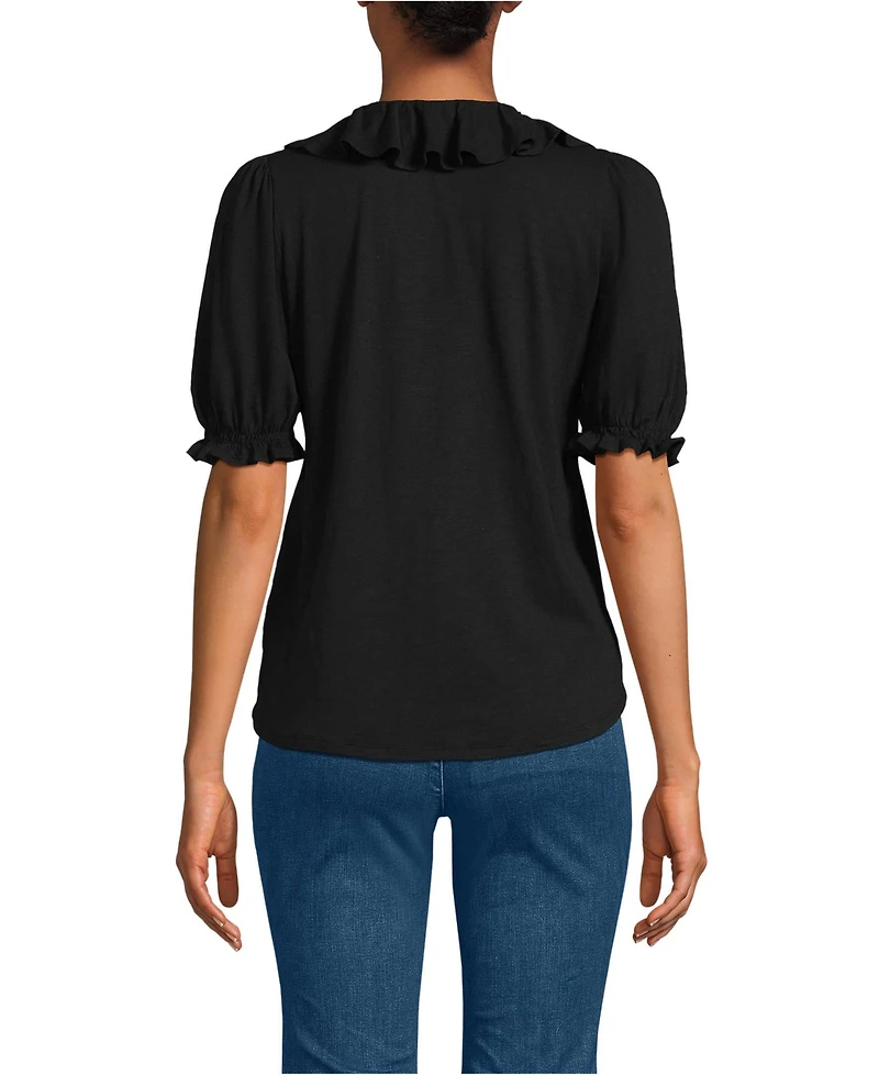 Lands' End Women's Puff Sleeve Slub Ruffle Pintuck Top