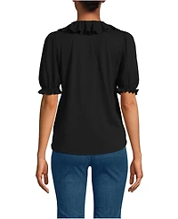 Lands' End Women's Puff Sleeve Slub Ruffle Pintuck Top