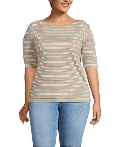 Lands' End Plus Supima Cotton Elbow Sleeve Boatneck Button Shoulder Tee
