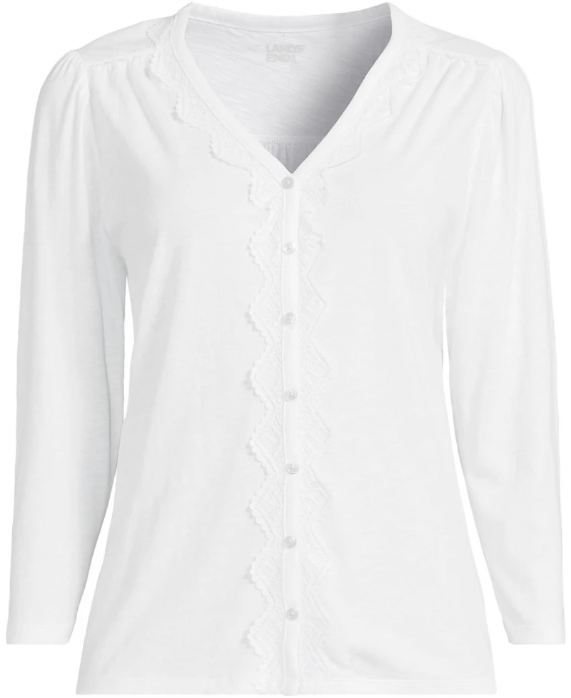 Lands' End Plus 3/4 Sleeve Slub V-neck Lace Trim Top