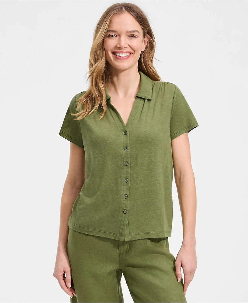 Lands' End Women's Linen Blend Short Sleeve Button Front Polo Top