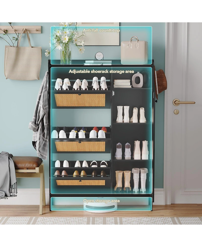 Homfan Shoe Storage Cabinet with 3 Flip Drawers, Rattan Hidden Freestanding Organizer Adjustable Shelves and Metal Knob for Entryway, Hallway