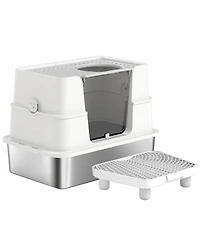 Zeus and Ruta Xl Stainless Steel Litter Box 100D Flip Top Scoop Step TopSide Entry Enclosed Big Cat