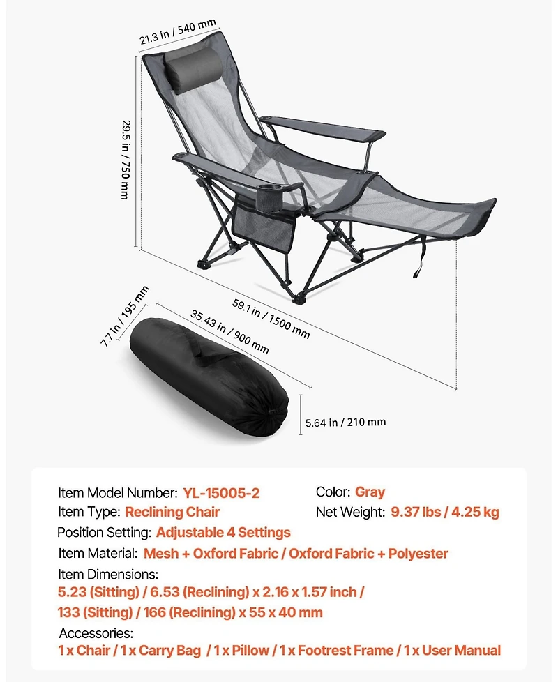 Gouun 4-Position Reclining Portable Folding Camping Chair with Headrest