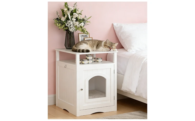 Zeus and Ruta Modern Cat Litter Box Enclosure Wooden Indoor Furniture With Storage Shelf Hidden Cabinet Side Table
