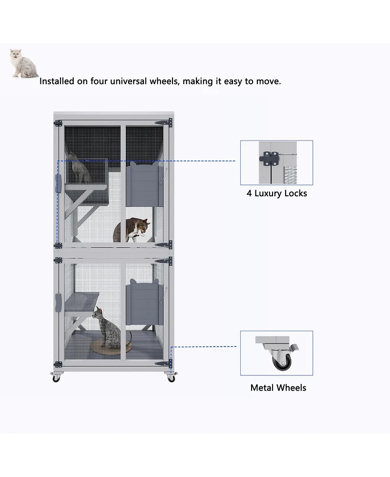 Zeus and Ruta Large Outdoor Cat Enclosure Catio With Wheels Multi Level Wooden Cat House With Platforms Lockable Doors