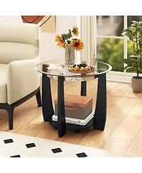 Slickblue Round Glass Coffee Table 2 Tier with Storage Shelf