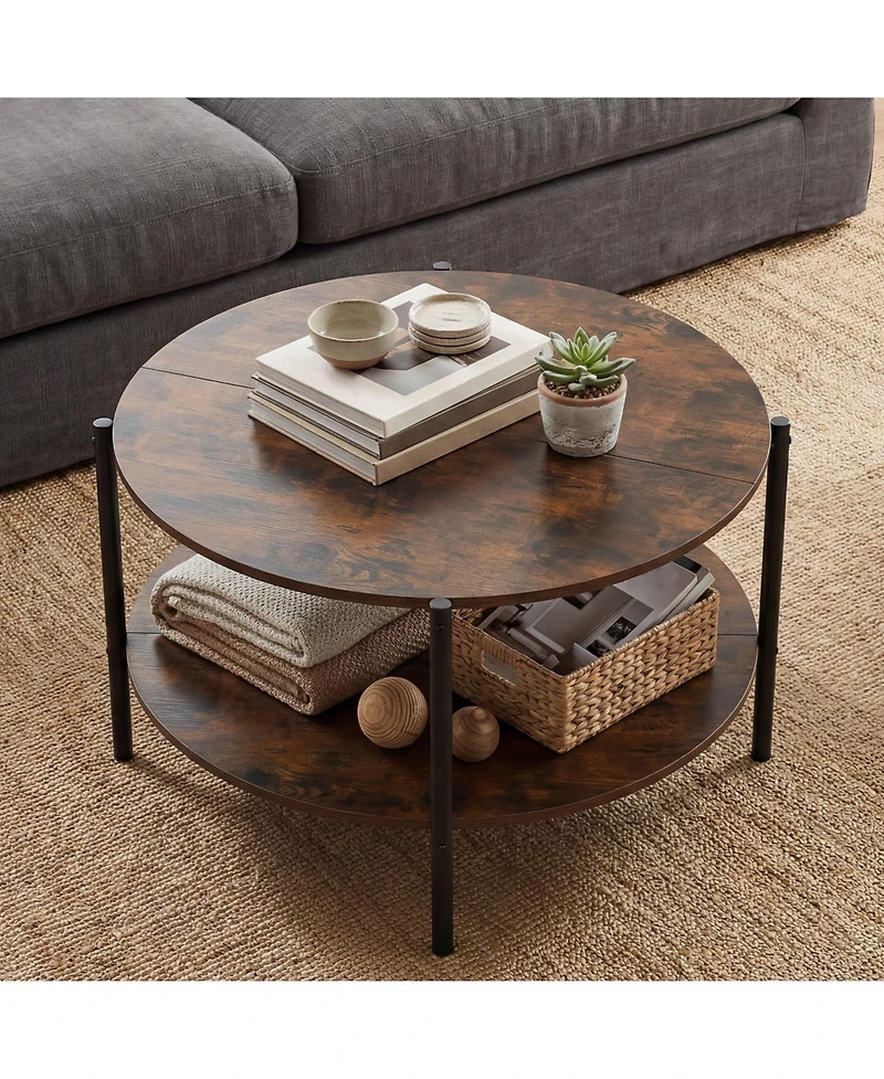 Slickblue 2-Tier Industrial Round Coffee Table, Accent Table with Open Storage Shelf-Rustic