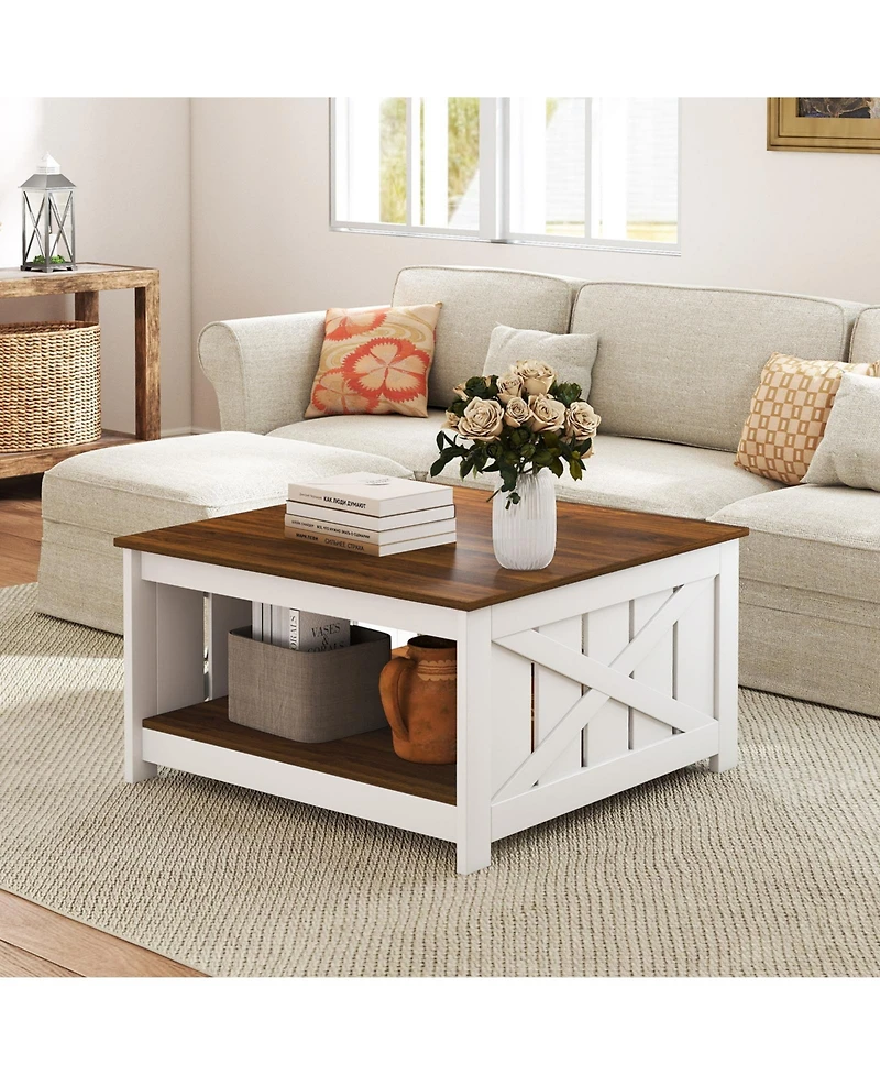 Slickblue Farmhouse Coffee Table Square with Storage Shelf