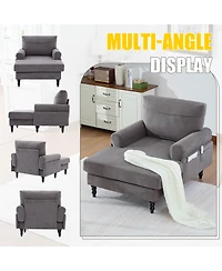 Rainsken Oversized Chenille Chaise Lounge, Leisure Recliner Sofa with Wooden Legs and Side Pockets for Living Room, Bedroom