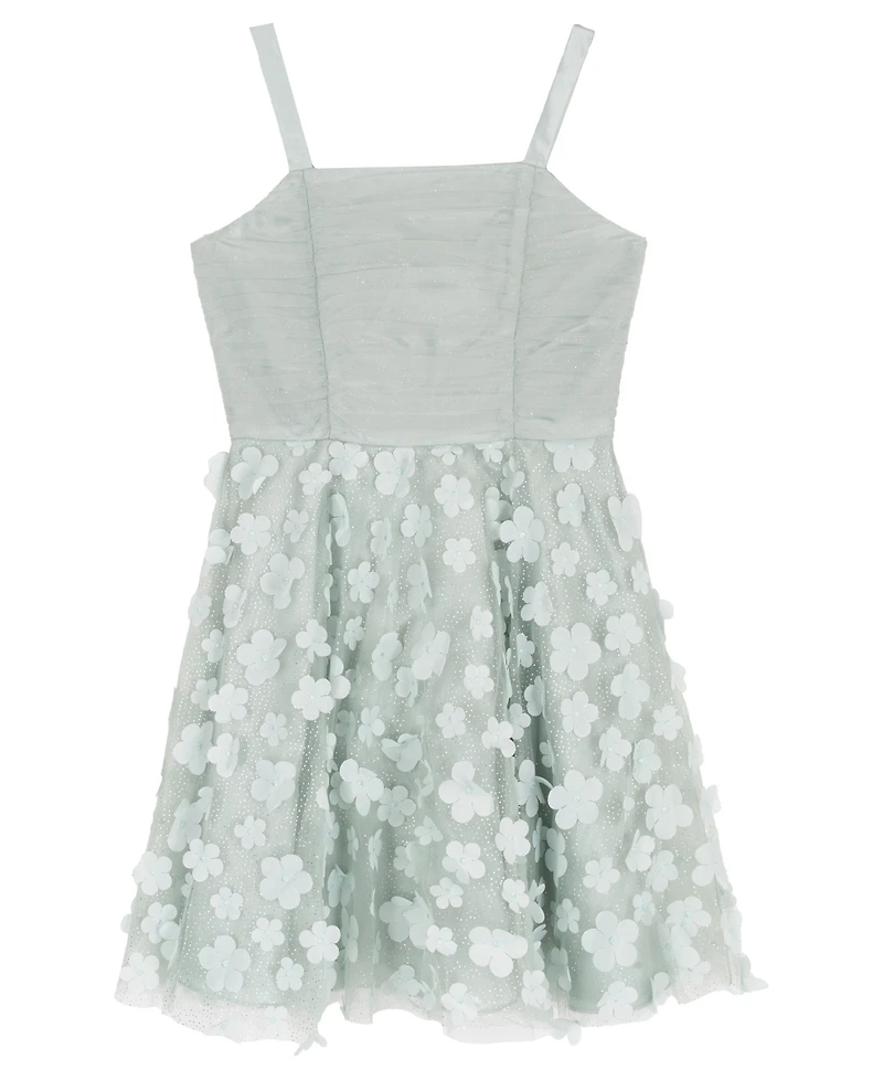 Rare Editions Girls' 7-16 3D Flower Glitter Mesh Ruched Bodice Dress