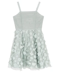 Rare Editions Girls' 7-16 3D Flower Glitter Mesh Ruched Bodice Dress