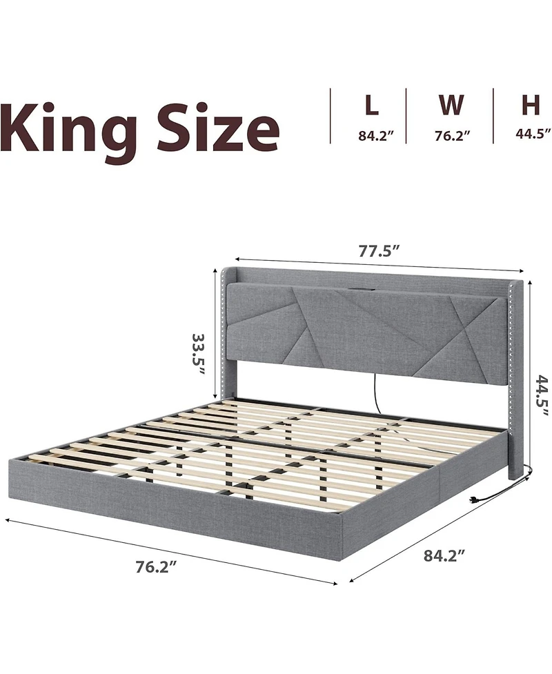gaomon King Floating Bed Frame with Led Lights & Charging Station, Upholstered Storage Headboard with Folding Shelves