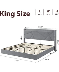 gaomon King Floating Bed Frame with Led Lights & Charging Station, Upholstered Storage Headboard with Folding Shelves