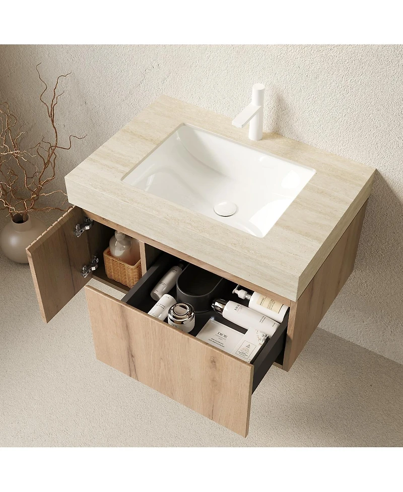 Sillysis 30" Wall Mounted Bathroom Vanity with Roma Travertine Sintered Stone Top, Ceramic Sink, Soft Close Drawer and Door