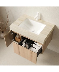 Sillysis 30" Wall Mounted Bathroom Vanity with Roma Travertine Sintered Stone Top, Ceramic Sink, Soft Close Drawer and Door
