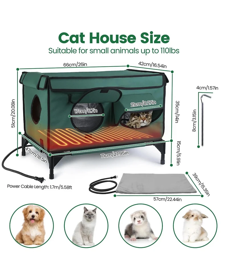 Zeus and Ruta Waterproof Heated Cat House Outdoor Insulated Kitty Shelter with Heating Pad Anti Chew Cord 2 Doors 3 Windows