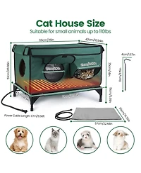 Zeus and Ruta Waterproof Heated Cat House Outdoor Insulated Kitty Shelter with Heating Pad Anti Chew Cord 2 Doors 3 Windows