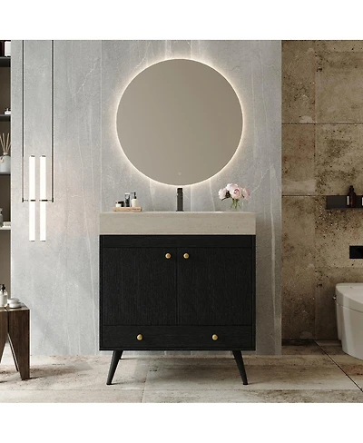 Sillysis 30" Freestanding Bathroom Vanity with Walnut Faux Marble Top, Ceramic Sink, Soft Close Storage for Small Bathrooms