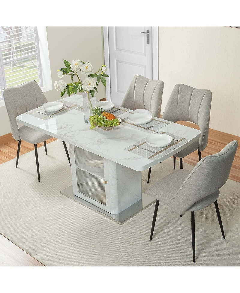 Clihome 47.24"-63"Modern Rectangle Dining Table, Stretchable, with Printed Marble Table Top+Storage Cabinet Table Leg with Metal Base