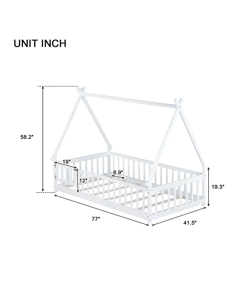 Clihome Twin Tent-shaped Floor Bed,Teepee Bed with Guardrails,Slats and Door