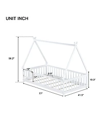 Clihome Twin Tent-shaped Floor Bed,Teepee Bed with Guardrails,Slats and Door
