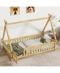 Clihome Twin Tent-shaped Floor Bed,Teepee Bed with Guardrails,Slats and Door
