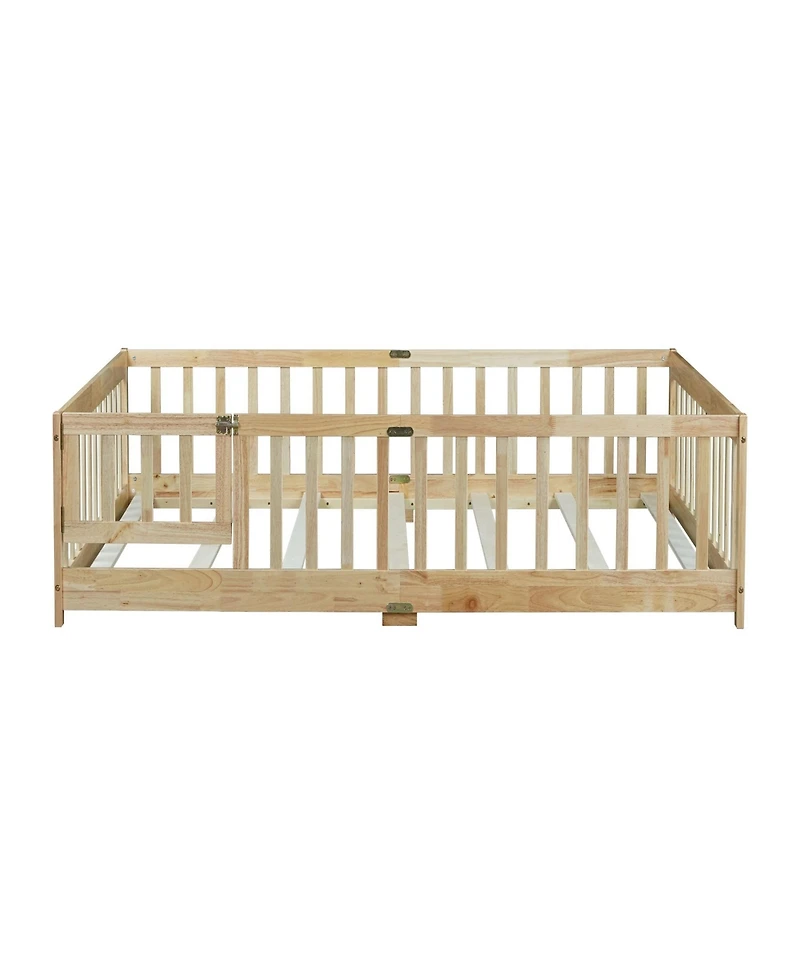 Clihome Full Floor Bed with Fence and Door,Rubber Wood Safety Guardrails