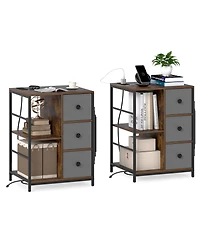 Gymax Nightstand 2 Pcs 3-Tier Storage End Table Bedside Table with Charging Station and Shelf