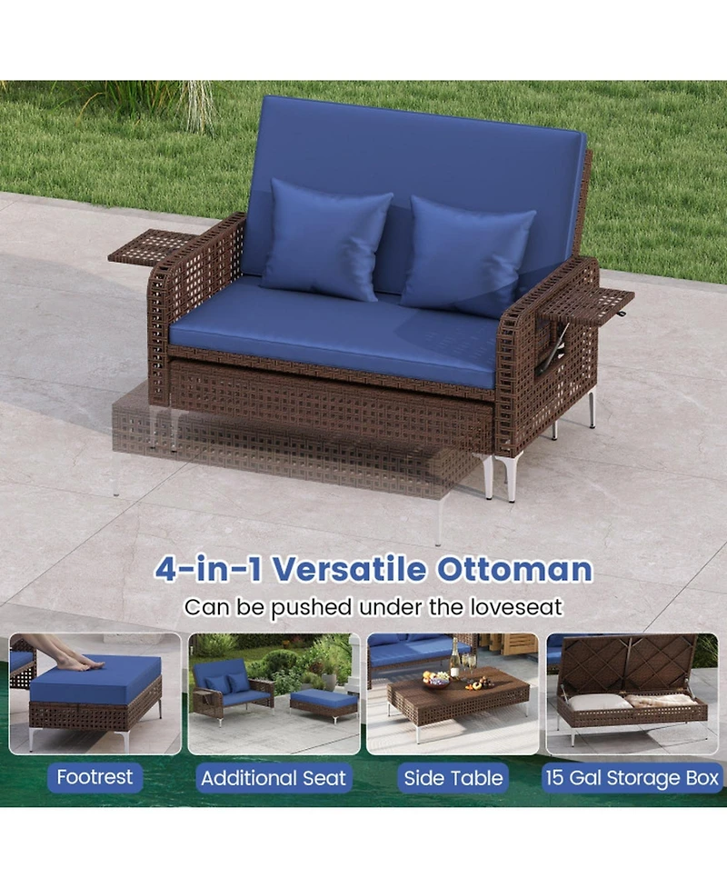 Gouun 2-Piece Patio Rattan Daybed with Adjustable Backrest and Storage Ottoman
