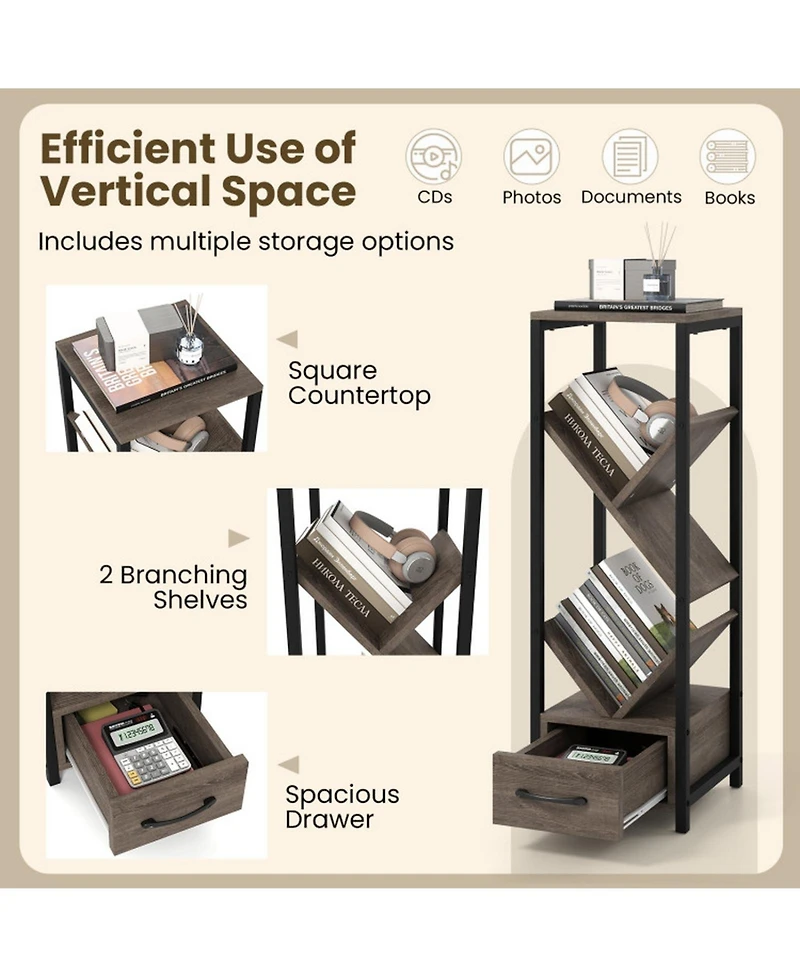 Gouun 4-Tier Floor Tree Bookshelf with Drawer and Metal Frame