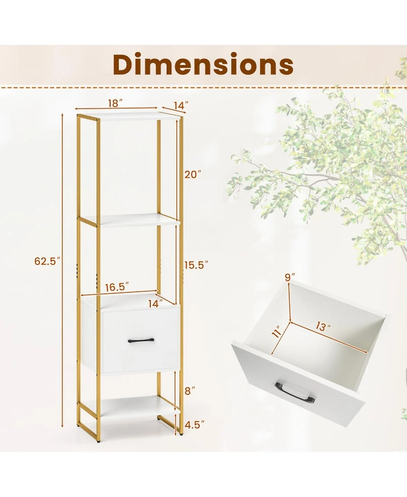 Gouun 5-Tier Narrow Bookcase with Storage Drawer and Metal Frame