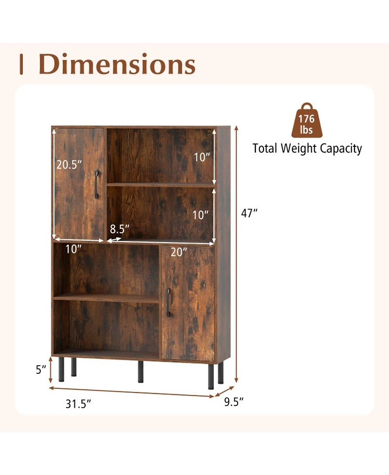 Gouun 47-Inch Storage Cabinet Bookcase with 2 Doors and Open Shelves