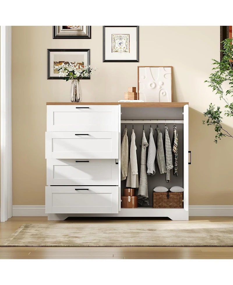gaomon 43.3'' H Armoire Wardrobe Closet with 4 Drawers and 2 Doors, Hanging Rod, Multifunctional Wooden Dresser with Storage Closet