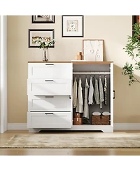 gaomon 43.3'' H Armoire Wardrobe Closet with 4 Drawers and 2 Doors, Hanging Rod, Multifunctional Wooden Dresser with Storage Closet
