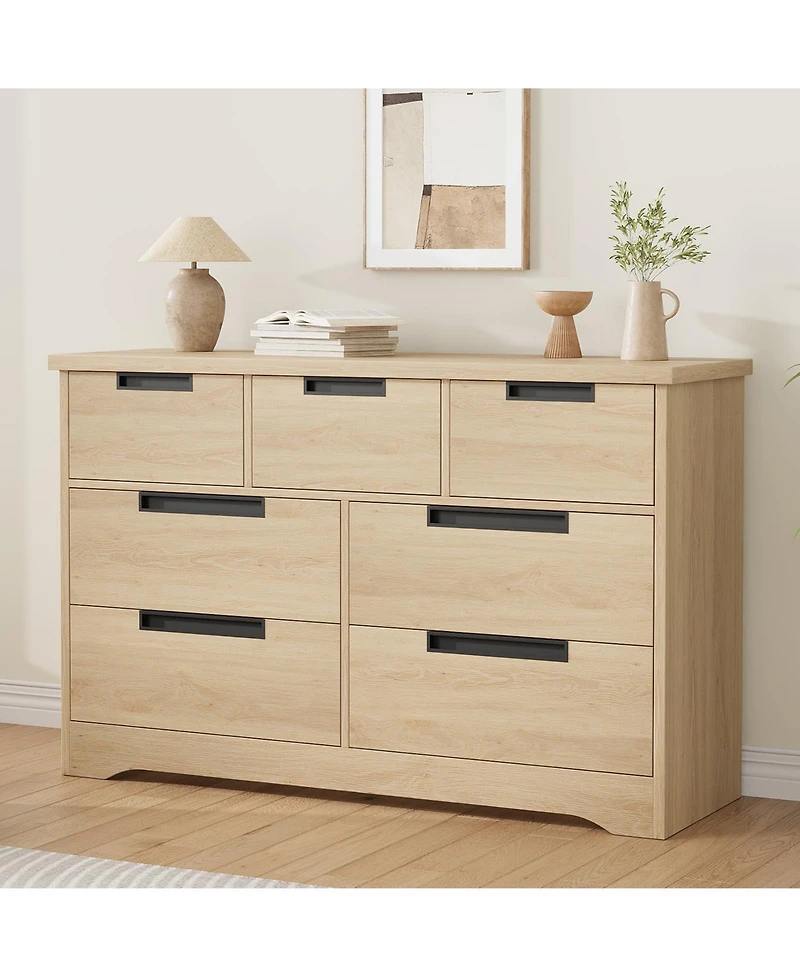 gaomon 7 Drawer Dresser for Bedroom, 55in Wide Oak 7 Chest of Drawers with Built-in Handles Design