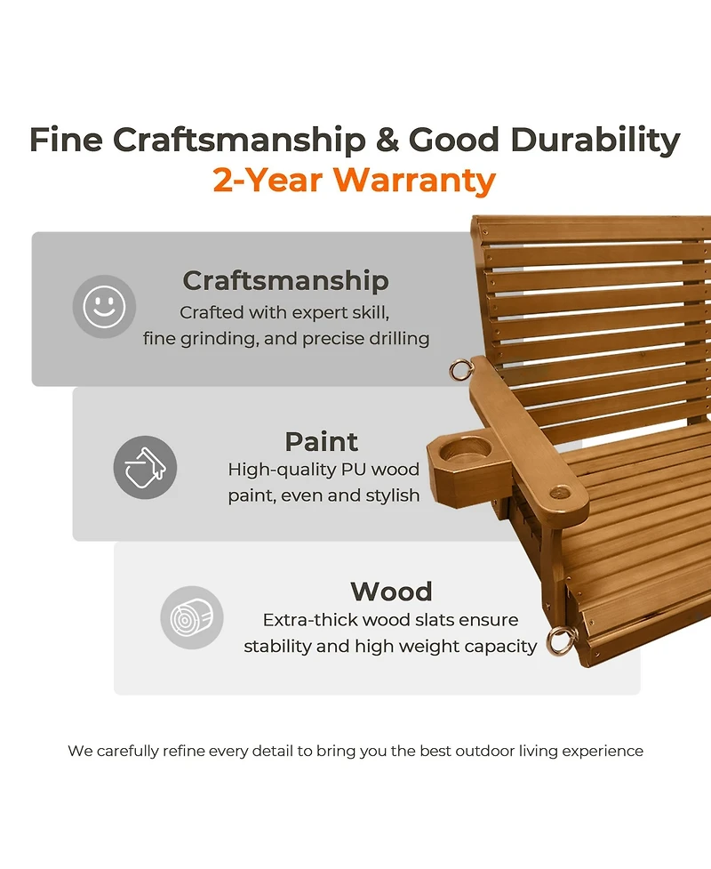 Mega Casa 2-Seater 4.5 Ft Large Wooden Porch Swing for Outdoor Patio Garden