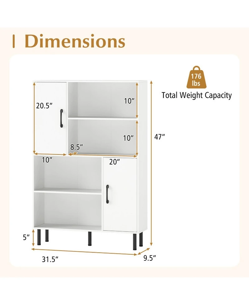 Gouun 47-Inch Storage Cabinet Bookcase with 2 Doors and 4 Open Shelves