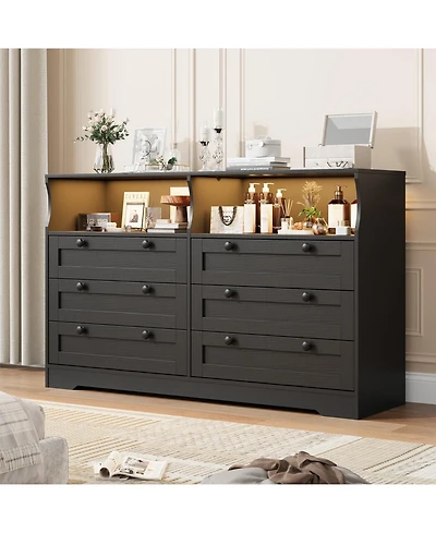 gaomon 6 Drawer Dresser for Bedroom, with Rgb Led Lights and Power Outlet