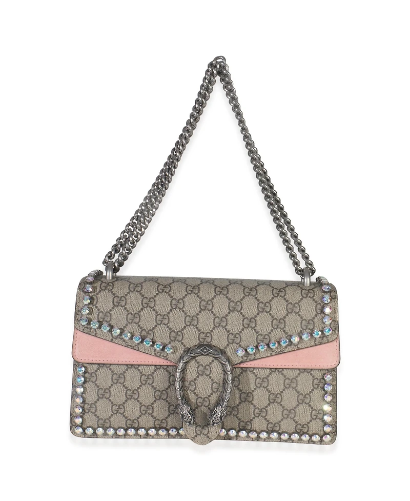 Pre-Owned Gucci Pink Beige Gg Supreme Canvas Crystal Small Dionysus Shoulder Bag