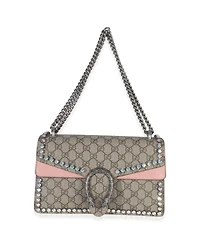 Pre-Owned Gucci Pink Beige Gg Supreme Canvas Crystal Small Dionysus Shoulder Bag