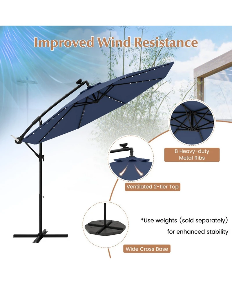 Gouun 10 ft Solar Led Cantilever Patio Umbrella with 40 Lights Cross Base and Tilt