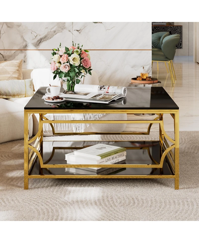 Rainsken Square Glass Coffee Table, Modern 2-Tier Center, Luxurious Geometric Metal Frame for Living Room