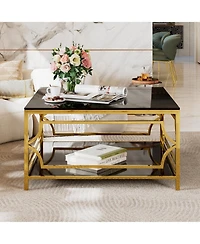 Rainsken Square Glass Coffee Table, Modern 2-Tier Center, Luxurious Geometric Metal Frame for Living Room