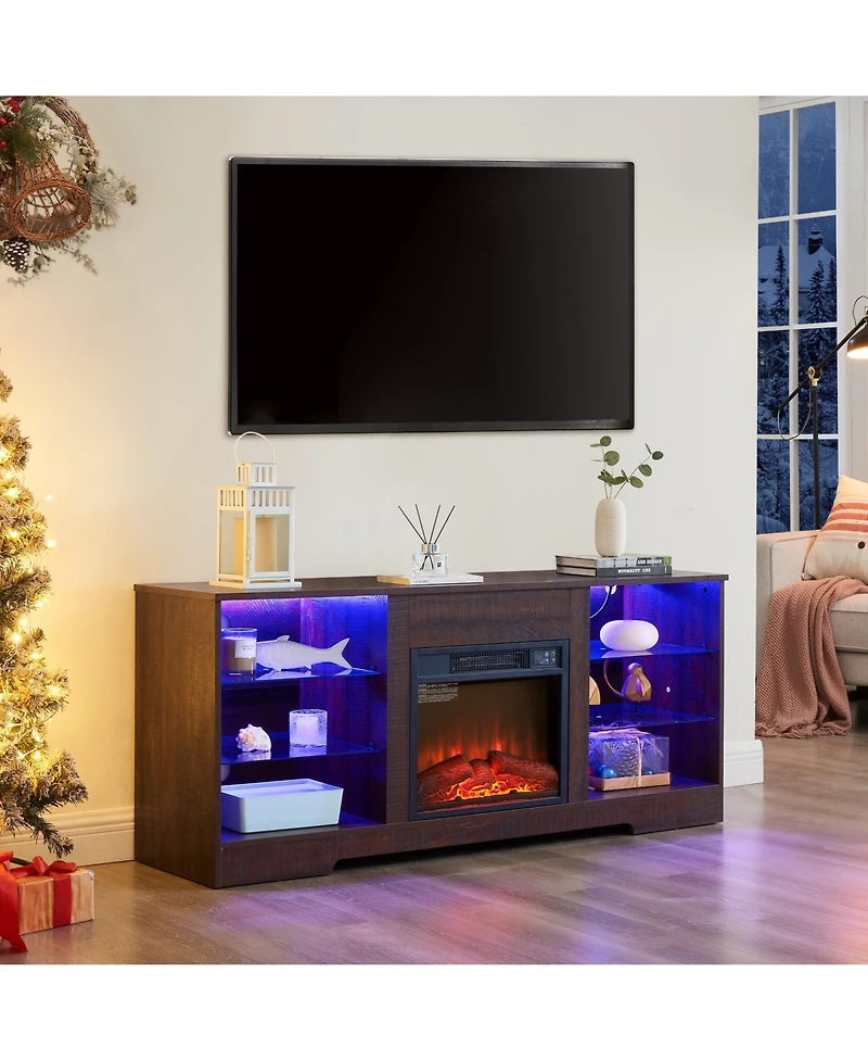 Rainsken Led Fireplace Tv Stand 58 Inch, Media Entertainment Center Compatible with 32-62" TVs, Living Room Console with Usb Charging Outlet
