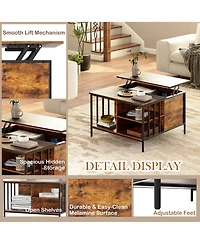 Rainsken Square Lift-Top Coffee Table, Farmhouse Center Table with Hidden Compartment and Storage Shelves for Living Room