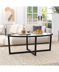 Slickblue Oval Glass Coffee Table with Cross Base Wood Legs
