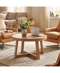 Slickblue Round Coffee Table Farmhouse Rubber Wood Legs